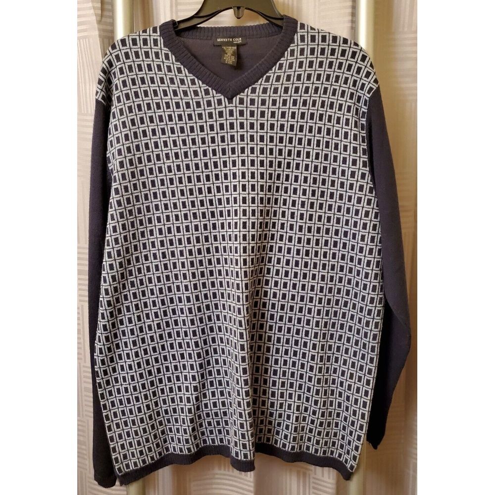 Kenneth Cole Mens Sweater XXL Blue Checked Wool-blend V-Neck Long Sleeve